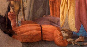 Анания. Святые Петр и Иоанн раздают пожертвования бедным и Смерть Анании. Фрески капеллы Бранкаччи. Мазаччо