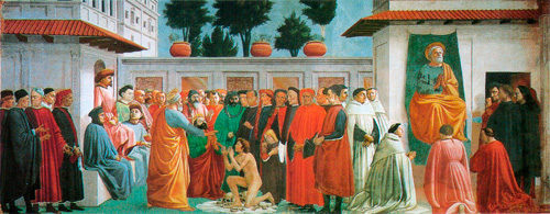 «Воскрешение сына царя Теофила и Апостол Петр на кафедре». Фрески капеллы Бранкаччи. Мазаччо / www.Masaccio.ru