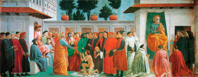 Воскрешение сына царя Теофила и Апостол Петр на кафедре. Фрески капеллы Бранкаччи. Мазаччо