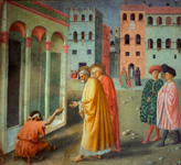 Исцеление калеки и Воскрешение Тавифы. Фрагмент. Фрески капеллы Бранкаччи. Мазаччо