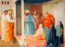 Исцеление калеки и Воскрешение Тавифы. Фрагмент. Фрески капеллы Бранкаччи. Мазаччо